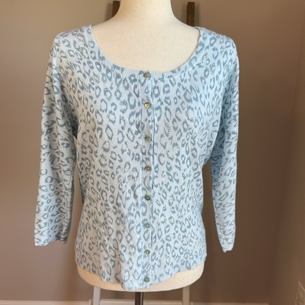 i.e. Blue Leopard Print Button Up Cardigan Sweater with Sequins Size Medium GUC